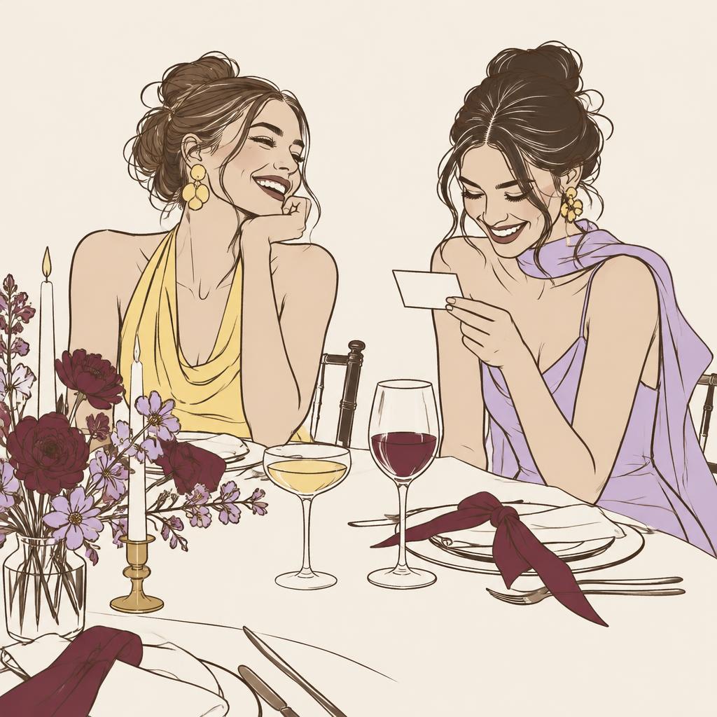 Illustration of two guests laughing as one reads her place card at a candlelit table