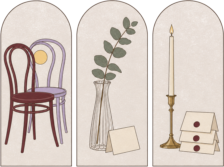 Illustration of three arched panels: two chairs in oxblood and lilac, a vase with a eucalyptus sprig beside a folded card, and a lit taper candle above a stack of sealed cards