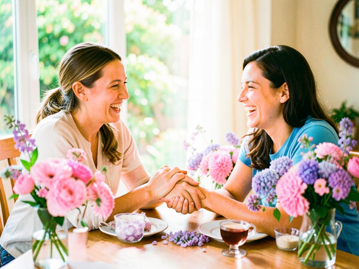 Two friends holding hands across a table of flowers