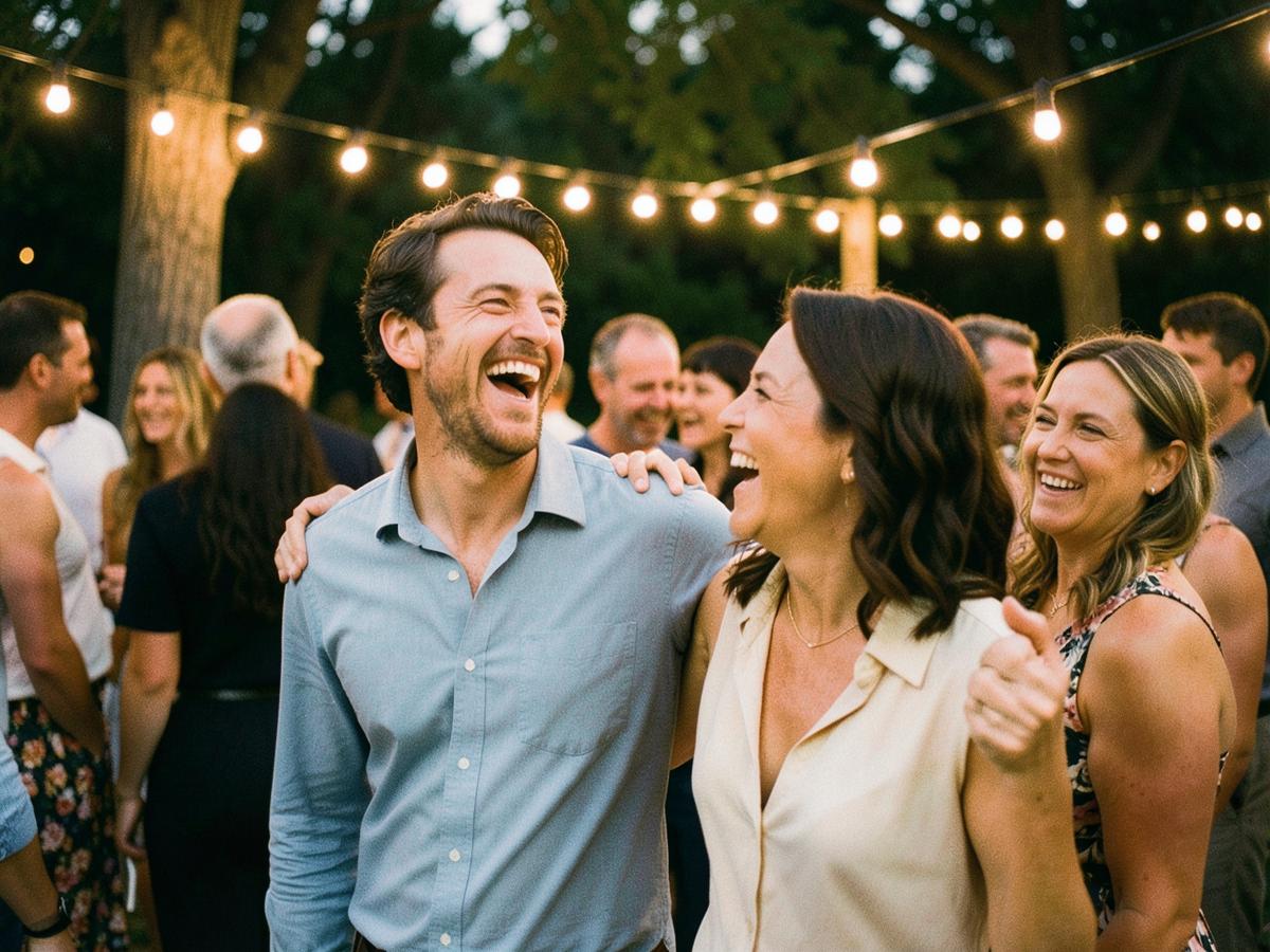 Guests laughing together at an outdoor evening celebration