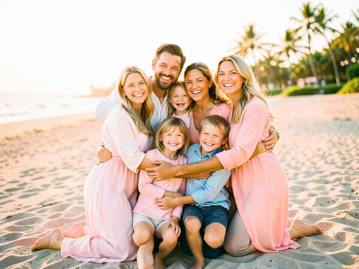 A family hugging together on the beach at golden hour