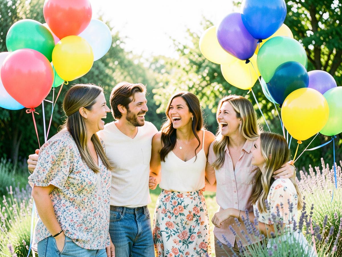 Friends laughing together outdoors with balloons