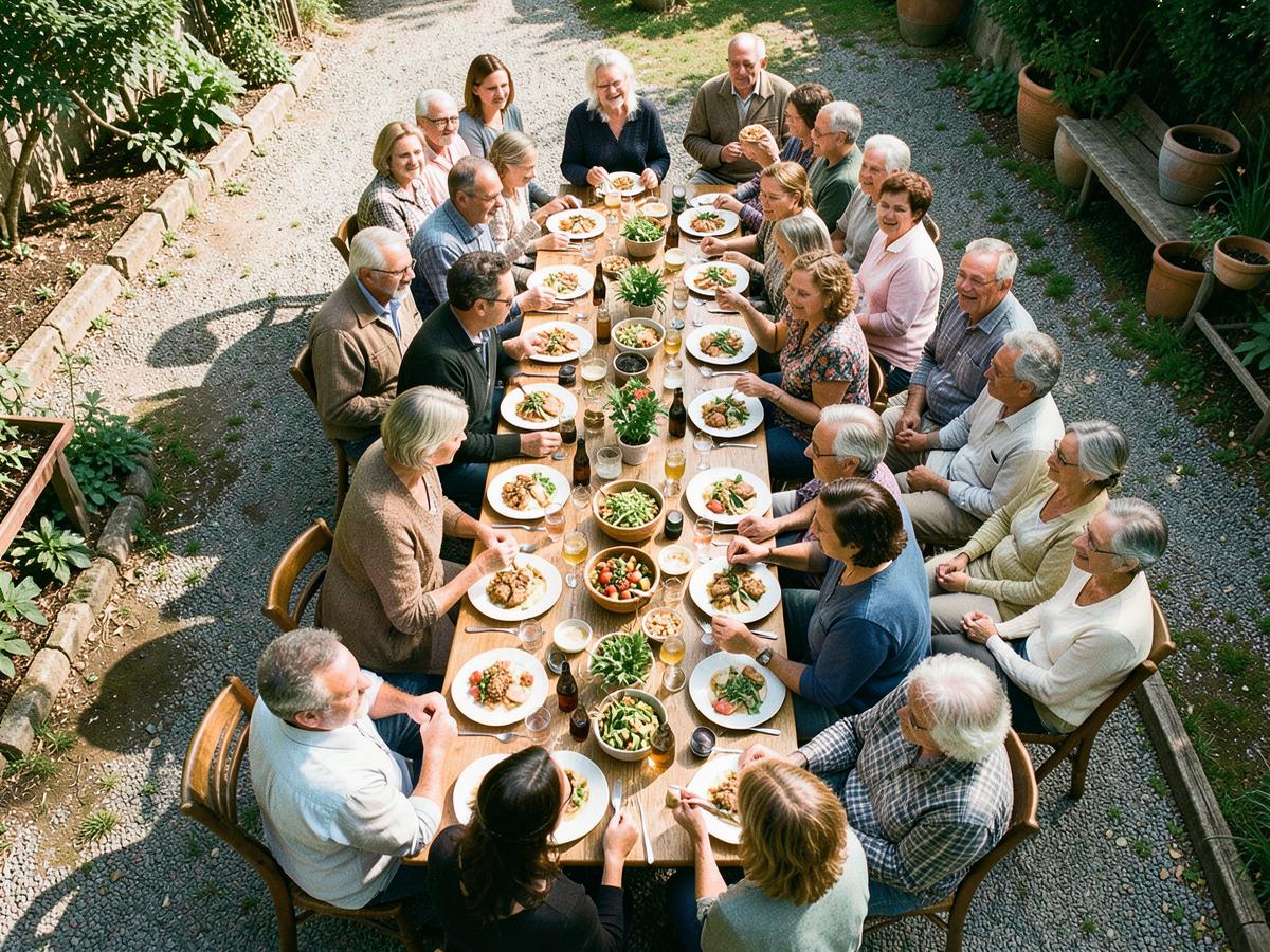 A long table of people of all ages eating together outdoors
