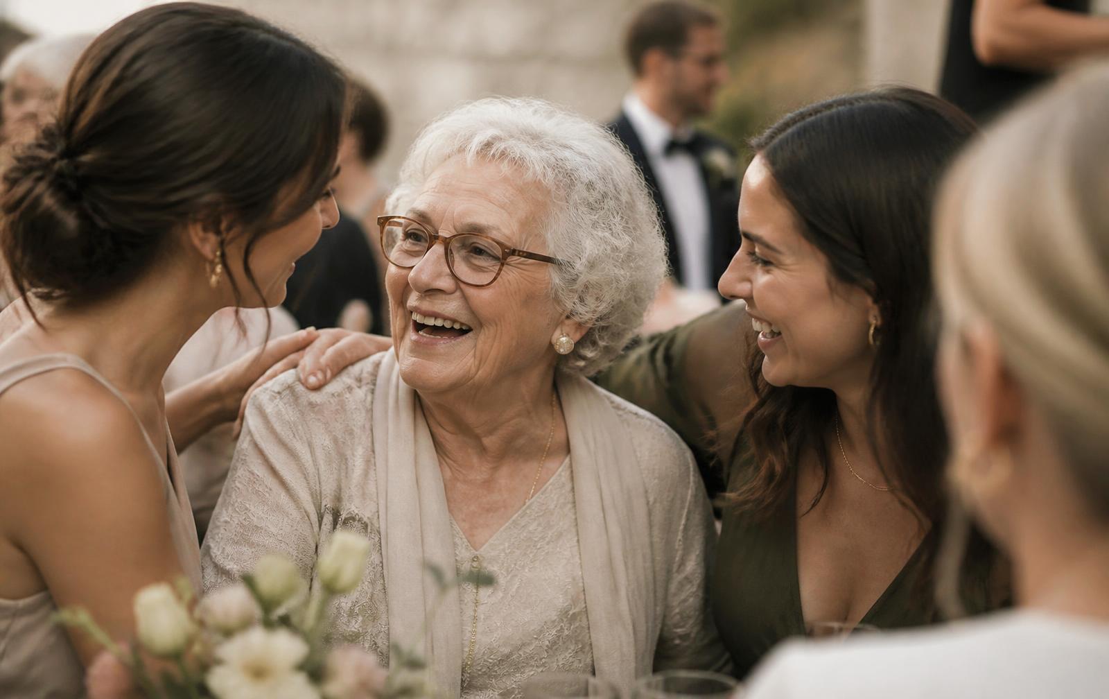 An older guest laughing with two younger guests at a celebration table