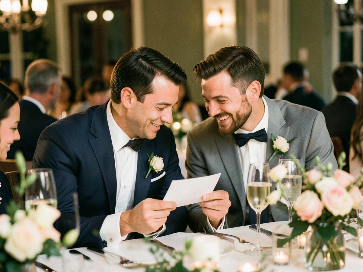 Two wedding guests smiling over a handwritten note at the reception table