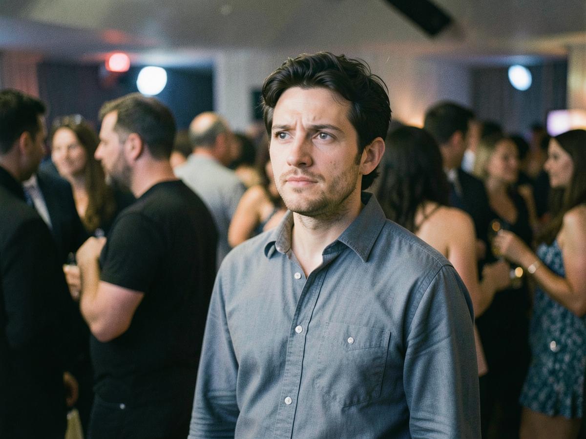 A guest standing at the edge of a busy party