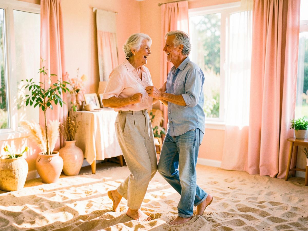 An older couple dancing joyfully in a sunlit room