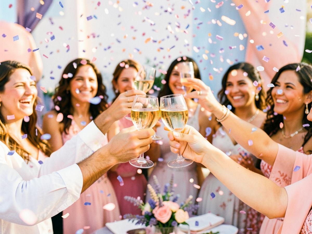 Hands raising glasses in a toast under confetti