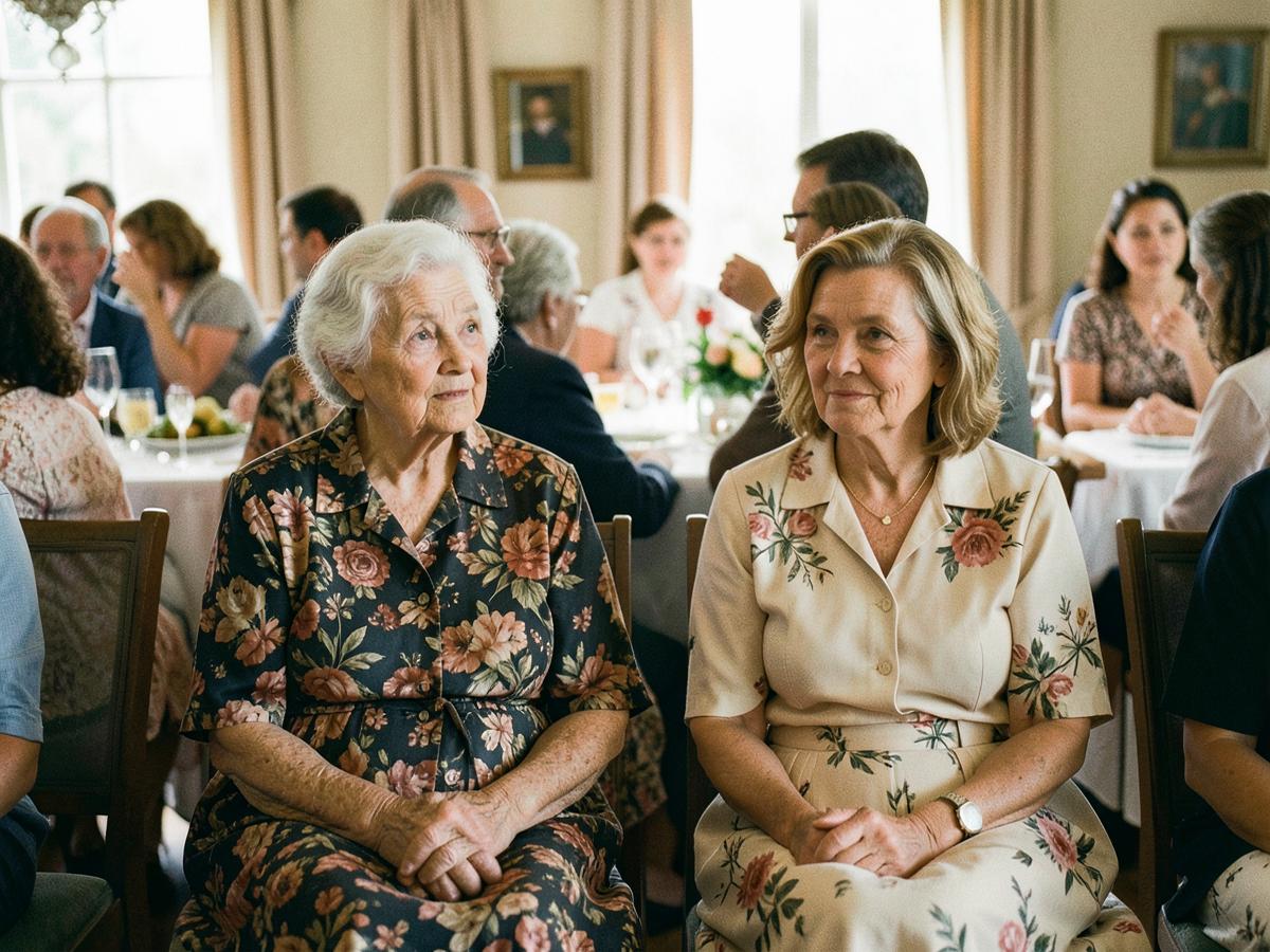Two older relatives sitting quietly together at a celebration