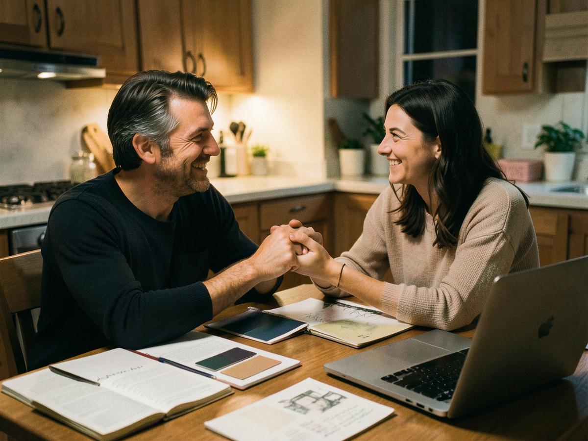 A couple pausing to hold hands while planning at a kitchen table
