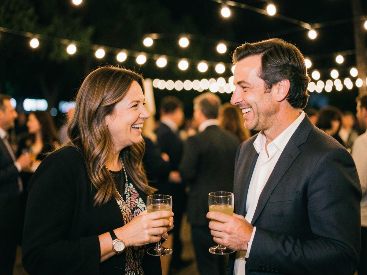 Two guests laughing in conversation under string lights
