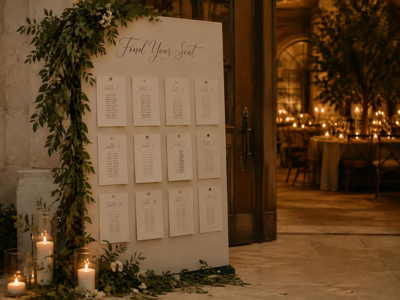 A calligraphy seating chart at the entrance to a candlelit reception
