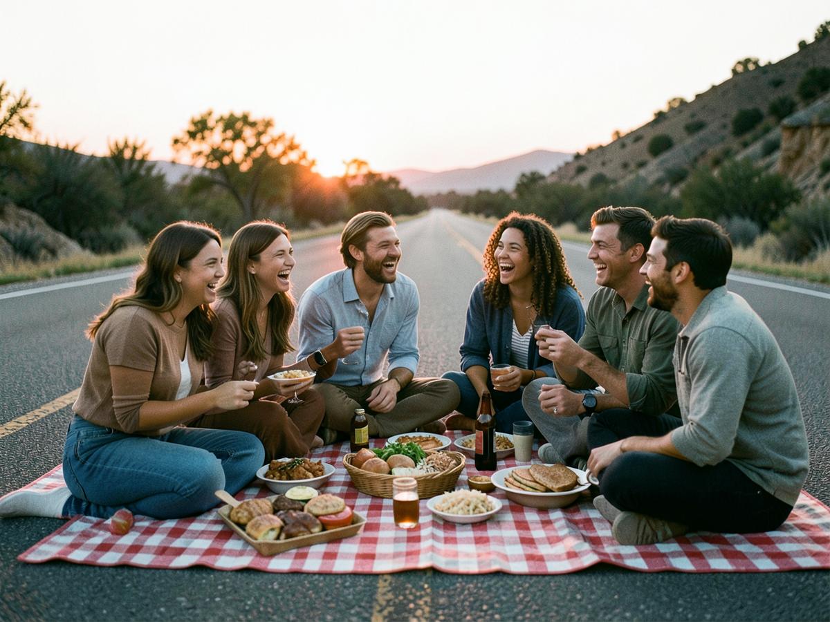 Friends sharing a picnic together at sunset