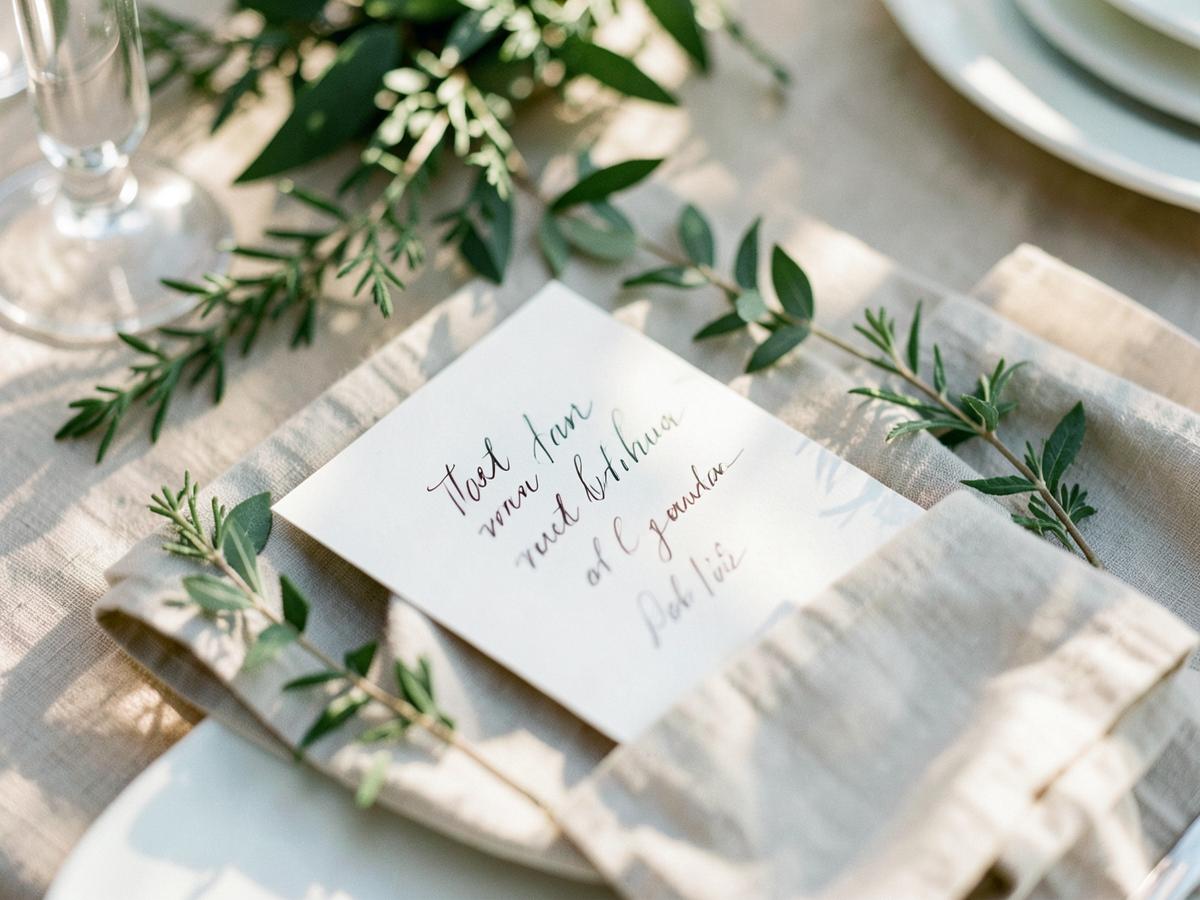 A handwritten place card on a linen napkin with greenery