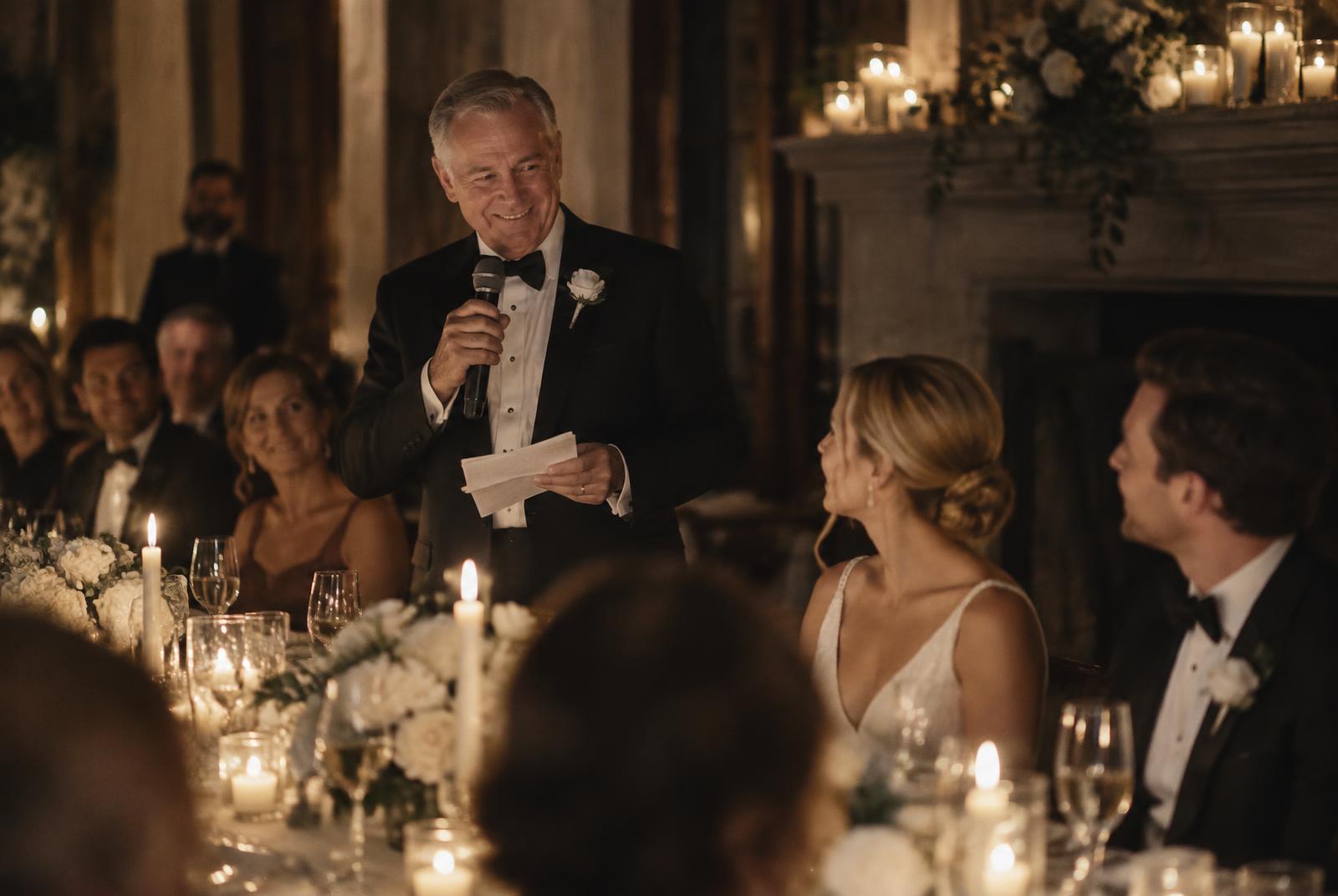 A father of the bride speaking with a microphone at a candlelit reception