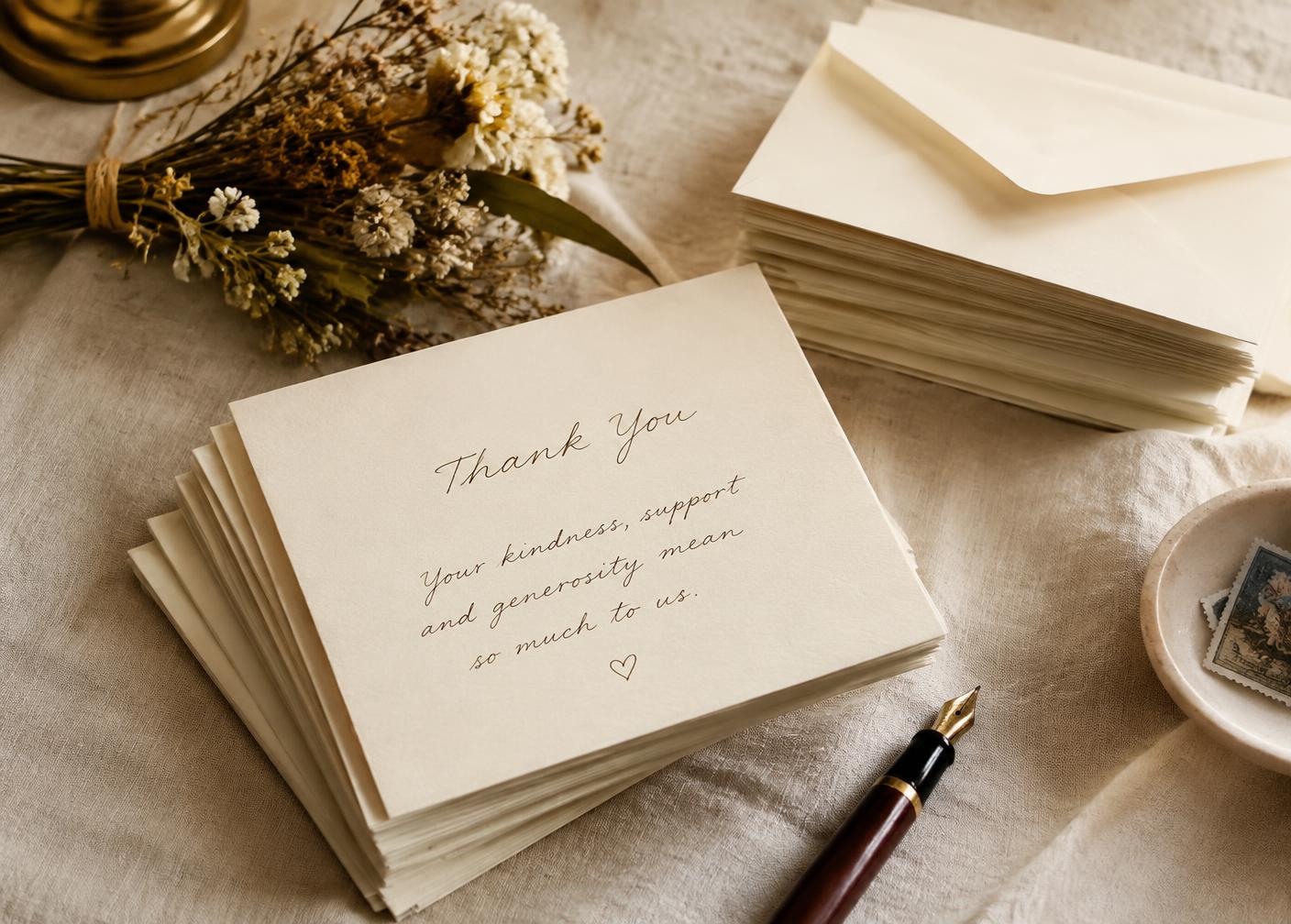 A stack of handwritten wedding thank you cards with envelopes and a fountain pen