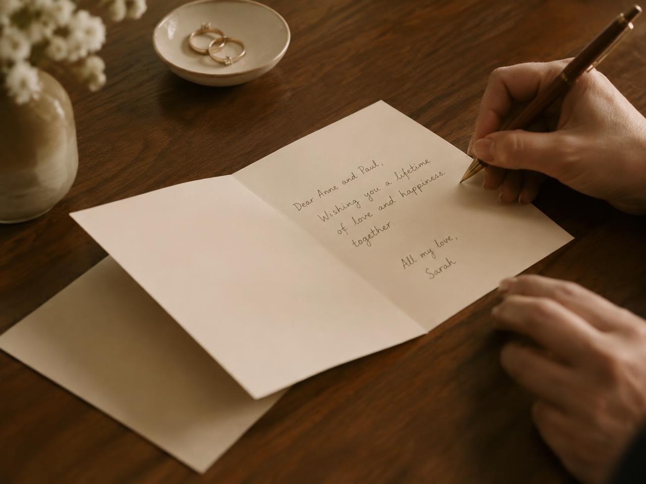 A hand writing a message inside an open wedding card at a table