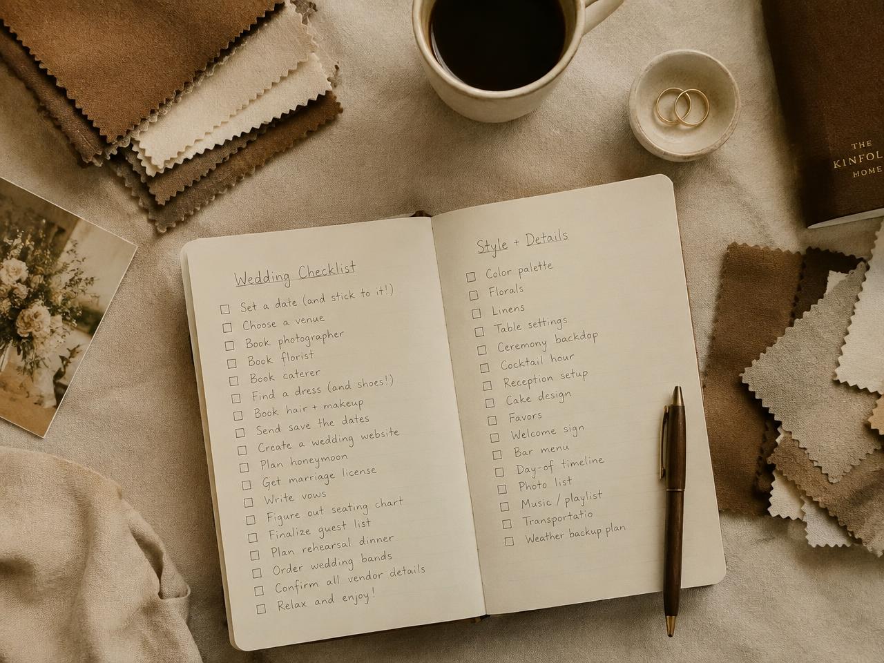 An open notebook with a handwritten wedding checklist beside coffee and fabric swatches