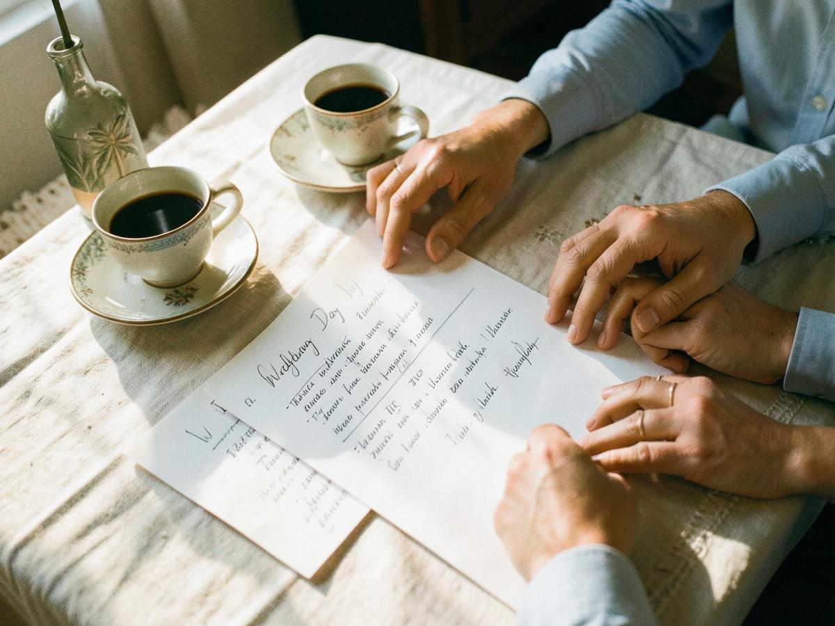 A couple laying out a handwritten wedding day schedule over coffee