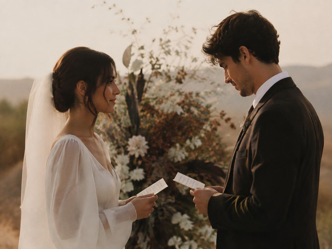 A couple reading handwritten vows to each other at their ceremony