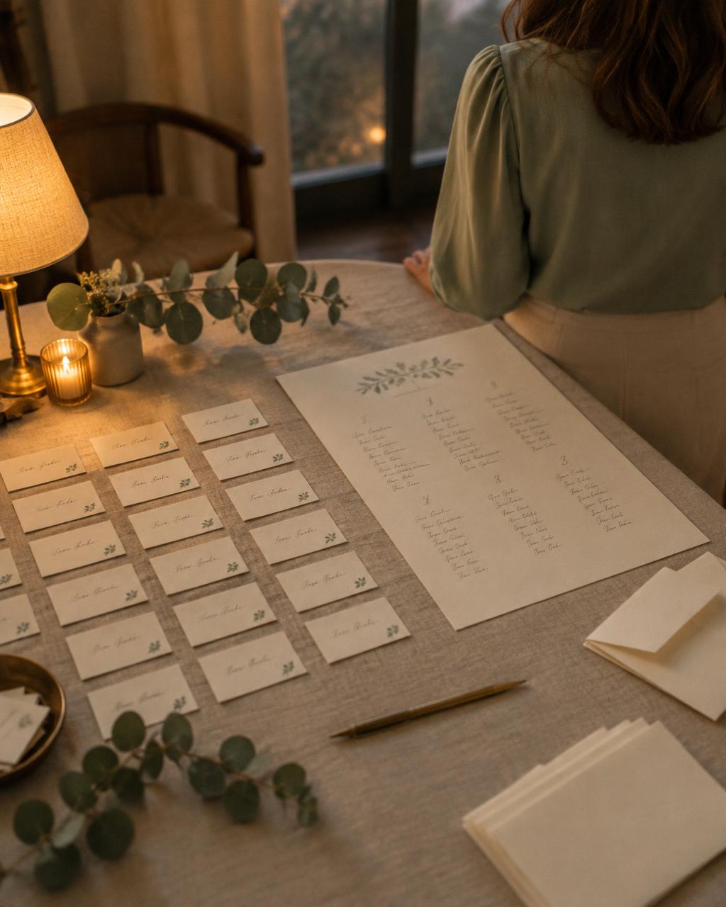 A planner seen from behind at a linen-covered table laid with handwritten place cards, a seating chart and envelopes in warm lamplight
